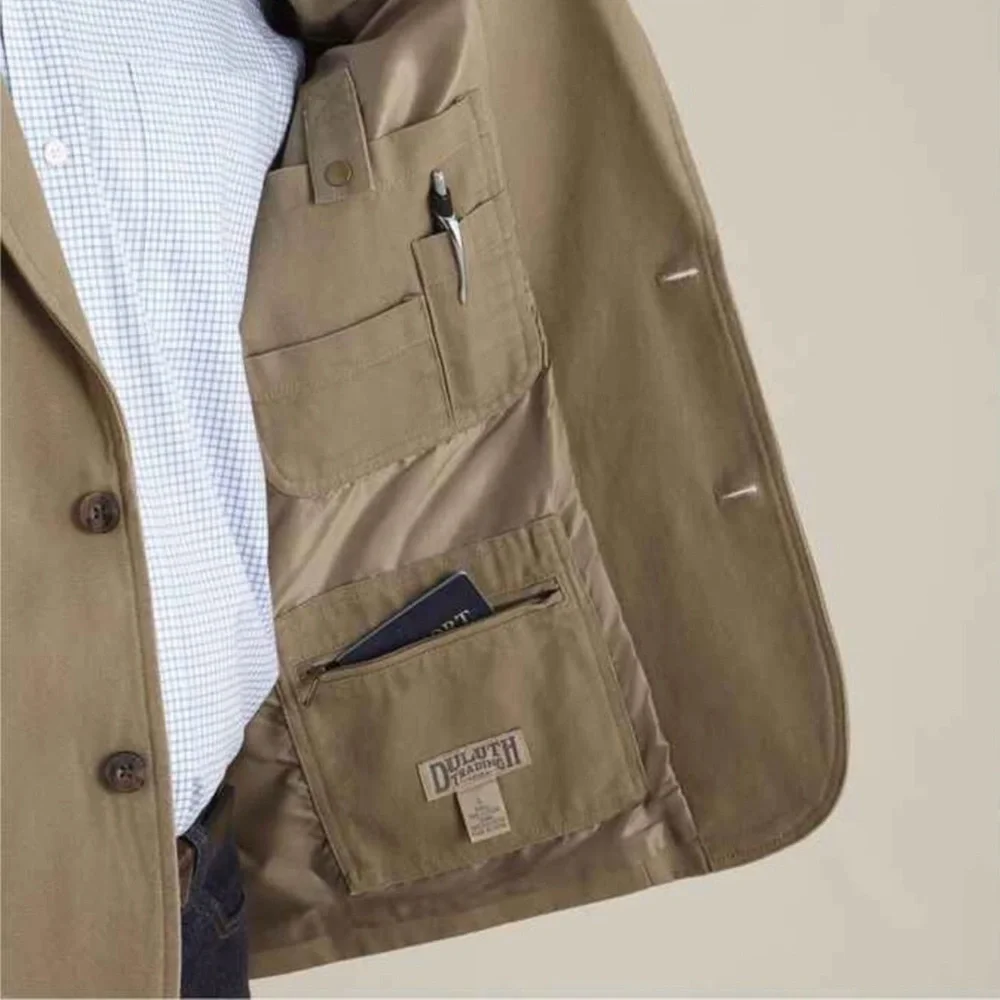 Duluth Trading Co Fire Hose Presentation Jacket Khaki Workwear Barn Blazer L Tan
